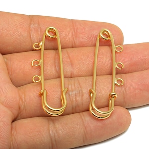 Gold Safety Pin - Brass Safety Pin Charm Holder - Safety Pin With loop Connector - 18K Real Gold Plated - Connector Pin - 50x15x5mm-RGP10289