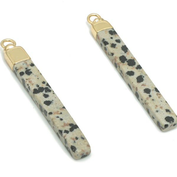 Dalmatian Jasper Stick Earring Charms - Brass Rectangle Bar Pendant - Natural Stone - Gold Tone Plated Brass – 44.92x5.57x3.35mm – NS1603B
