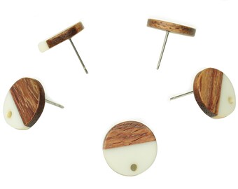 Natural Wooden Round Earring Stud - Walnut Wood White Resin Circle Earring Post - 316 Stainless Steel Stud - 15.05x15.05x3.11mm - BB1250C