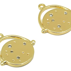 Brass Earring Charm - Cubic Zircon Earth Pendant - CZ Round Planet Earring - Earth Star for Necklace-18K Real Gold Plated- 16x15x2mm-RGP6294
