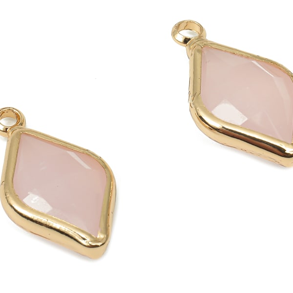 Brass Frame Glass Diamond Pendant - Pink Rhombic Earring With Loop - Gold Tone Plating - Faceted Glass Leaf Charm - 17.8x10x4.9mm - GS1146D