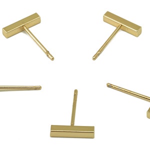 Brinco de mini barra de latão - Brinco de barra retangular - Brinco de orelha com letra T - Poste de brinco de barra plana - Banhado a ouro real 18K - 10x2x2mm-RGP5926G