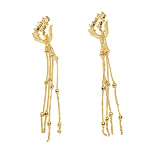 Brass Sunshine Ear Cuff - Gold Sun Tassel Earring Cuff - Zircon Cartilage Cuff Chain Ear - 18K Real Gold Plated -110.2x18.5x12.54mm -RGP7614