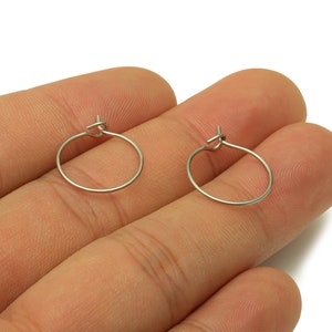 May include: Two silver hoop earrings with a hinged clasp. The earrings are shown on a person's hand.