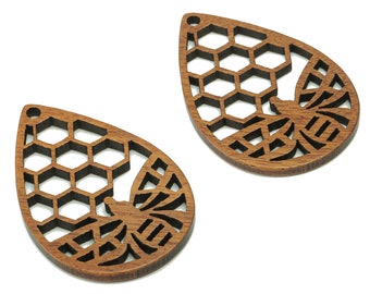 Mahogany Wood Honeycomb Drop Charm - Coffee Color Bee Teardrop Earring - Hollow Pendant With Hole - For Necklace - 36.6x24.7x2.4mm - BB1299