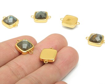 Gray Labradorite Faceted Square Connectors - 11mm Natural Stone - Brass Square Charms - Gold Tone Plated Brass – 16.5x11x5.9mm–NS1673L