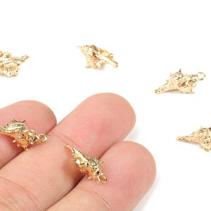 May include: Several small, gold-colored seashell charms with a textured surface and a loop for attaching to jewelry. The charms are scattered on a white background, with some held in a person's hand.