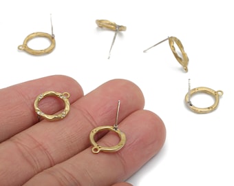 Brass Round Earring Stud With Zircons - Raw Brass Hoop Earring Post With Loop - Silver Plated White Brass Stud - 17.49x13.73x1.88mm - PP5126