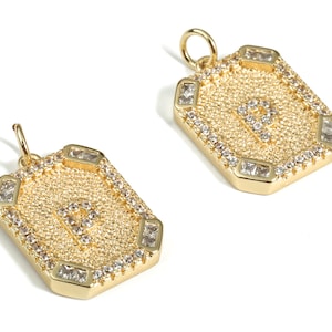 Brass Square Letter P Earring Charm With Zircons - 18k Real Gold Plated Brass - Initial P Gold Square Pendant - 22.89x13.97x2.7mm - RGP3135P