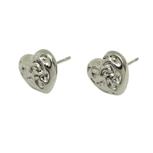 Brass Heart Earring Stud - Hammered Heart Earring Post - Textured Heart Earring Post - 18K Real White Gold Plating - 15x11.15x12mm - RGP7763