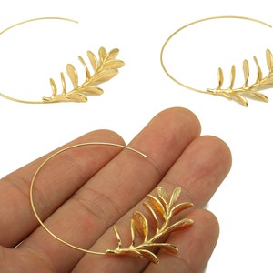 Brass Branch Earring Stud Brass Open Hoop Leaf Earring Post Botanical Post Wire Branch Hoop 18K Real Gold Plated 53x55x1mm RGP6259 image 3
