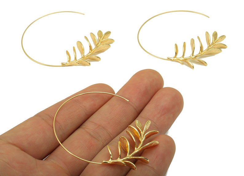 Brass Branch Earring Stud Brass Open Hoop Leaf Earring Post Botanical Post Wire Branch Hoop 18K Real Gold Plated 53x55x1mm RGP6259 image 3