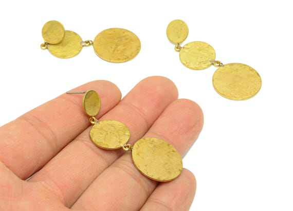 Brass Round Dangle Earring Post - Brass Hang Round Earring Stud - Brass Hammered Earring Post - Circle Earring Post - 53x19x1.03mm- PP9086