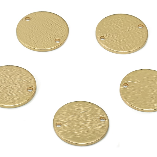 Brass Round Earring Connector - Brass Textured Circle Pendant With 2 Holes - KC Gold Tone Plating Coin Charm - 15.02x15.02x1mm - PP3425G