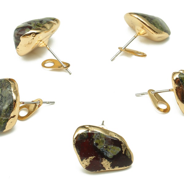 Dragon Blood Jasper Earring - Natural Stone Earring Post - Gold Tone Plated Brass - Stone Earring Stud - 14.22x13.46x8.27mm - NS1866A