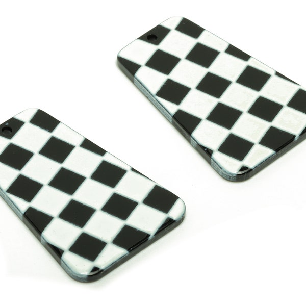 Acrylic Trapezoid Earrings Charm - Checkerboard Pendant Charms -Black White Checkered Pendant - 38.2×25.83×2.3mm - AC2499A