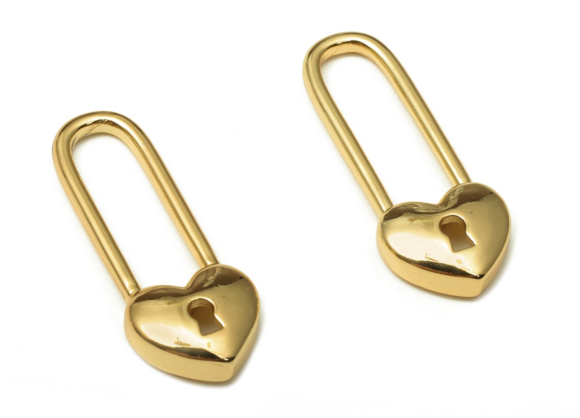 Brass Heart Padlock Earring Charm Long Heart Lock Earring Etsy