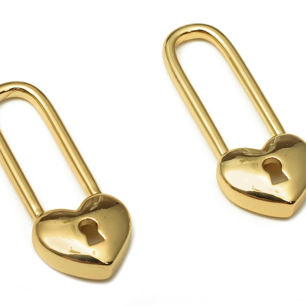 Brass Heart Padlock Earring Charm - Long Heart Lock Earring - Dainty locket Dangle Charm - 18K Real Gold Plating - 23.36x9.2x1.5mm - RGP5199