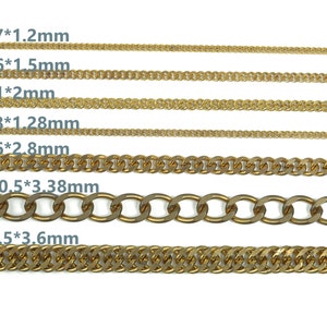 May include: Six rows of gold chain links of different sizes and widths. The chain links are arranged from smallest to largest. The measurements of each chain are listed above each row in inches.