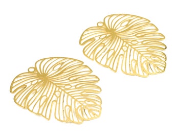 Brass Monstera Charms - Raw Brass Monstera Earrings and Pendants - Earring Findings - Jewelry Supplies - 49x44.44x0.45mm - PP2040