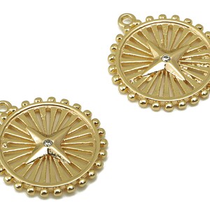 Brass Round Star Earring Charms - Brass Zircon Pendant - Round Compass Pendant For Necklace-18k Real Gold Plated Brass-31x16.5x1.8mm-RGP6167