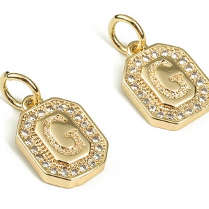 Brass Square Letter G Earring Charms with Zircons – Initial G Gold Alphabet Pendant – 18K Real Gold Plated Brass -12x8.55x2.37mm-RGP3595G