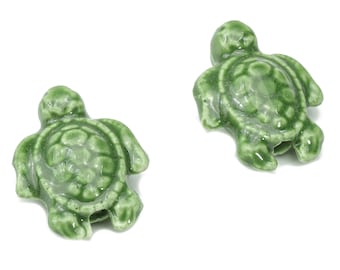 Glazed Ceramic Turtle Beads - Green Carved Turtle Beads - Handmade Beads - Bracelet Beads - Connectors Beads - 18.86x14.95x8.13mm - NS1836B