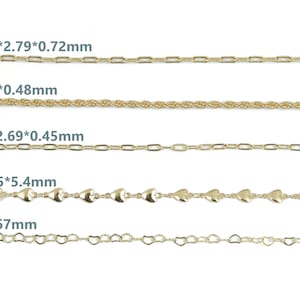 May include: Five gold-coloured chain styles are displayed. The chains include a rectangular link chain, a twisted rope chain, an oval link chain, a heart-shaped link chain, and a heart-shaped cutout link chain. Measurements are provided in millimetres.