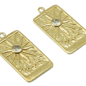 Boucle d'oreille rectangulaire en laiton - Pendentif cartes de tarot vintage en laiton brut - Zircon cubique - breloque CZ soleil - Pour colliers - 27 x 13,5 x 1,98 mm-PP8317