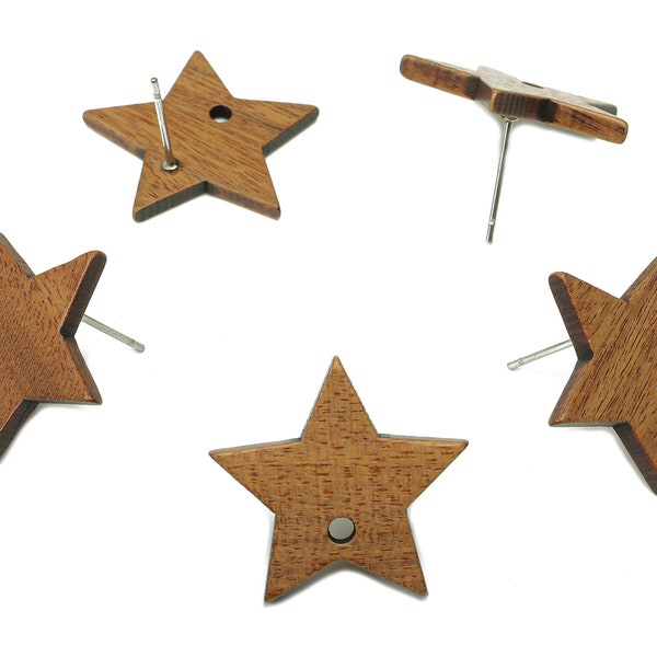 Natural Wooden Star Stud Earring - Walnut Wood Star Earring Post - Brown Star Charm - 316 Stainless Steel Stud - 20.7x20.2x2.2mm - BB1286