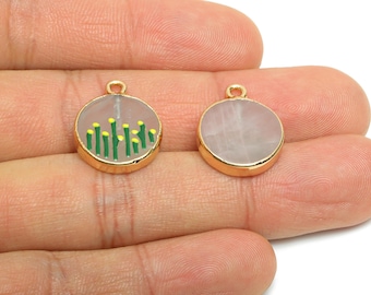 Rose Quartz Earring Charm - Brass Handmade Gold Foral With Enamel Pendant - Brass Botanical Theme - KC Gold Plating - 18x15x2.9mm - NS2883B