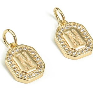 Brass Square Letter N Earring Charms with Zircons – Initial N Gold Alphabet Pendant – 18K Real Gold Plated Brass -11.79x8.53x2.21mm-RGP3595N