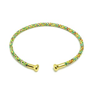 May include: A braided bracelet with gold end caps. The braid is made of green, yellow, red, and white threads.