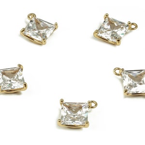 Bling Clear Zircon Square Pendant Charm – Square Earring Charm – 18K Real Gold Plated Brass - Jewelry Finding – 10.89x9.40x3.72mm – RGP4040