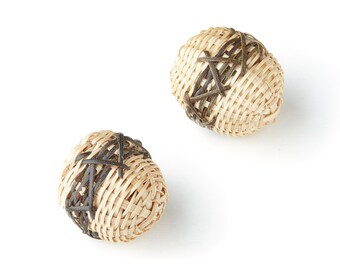 Handwoven Rattan Earrings - Ball Shaped Rattan Pendant - Wooden Straw Earring - Jewellery Handmade - 25x21.5mm - RT1102