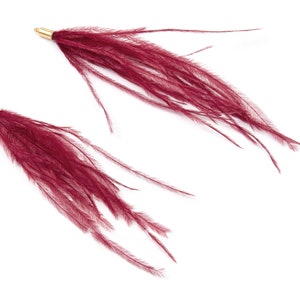 Natural Ostrich Feather Earrings - 18K Real Gold Plated Brass - Teassel Earrings - Bordeaux Feather - Jewelry Making - 15x4x4mm - RGP1002E