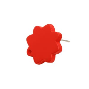 May include: A bright red, flower-shaped earring with a silver post. The earring has a smooth, glossy finish and a small hole near the edge. The design is a simple, yet eye-catching floral shape.