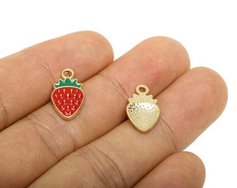 Pingente de morango em liga metálica esmaltada - Pingente de fruta em esmalte vermelho - Pingente de fruta de verão - Pingente de morango para colar - 17,02 x 9,83 x 2,04 mm - AC2882