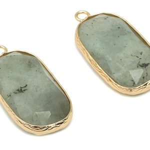 Labradorite Faceted Rectangle Earring Charms - Brass Rectangle Pendant - Natural Stone - Gold Tone Plated Brass – 31.1x15.54x5.95mm– NS1700D