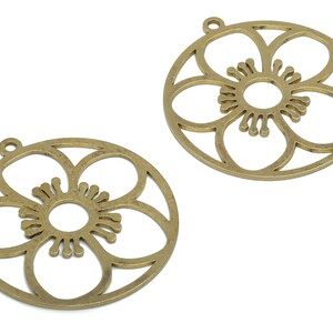 Brass Round Flower Earring Charms - Raw Brass Sun Circle Pendant - Jewelry Making Supplies - 38.12x35.07x0.94mm - PPA1956