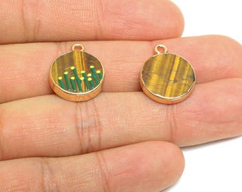 Tigereye Stone Earring Charm - Brass Handmade Gold Floral Enamel Pendant - Botanical Theme - KC Gold Plating - 19x15x3.76mm - NS2883C