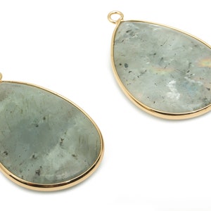 Labradorite Drop Earring Charms - Brass Teardrop Pendant - Natural Stone - Gold Tone Plated Brass – 40.73x26.23x7.56mm – NS1773B