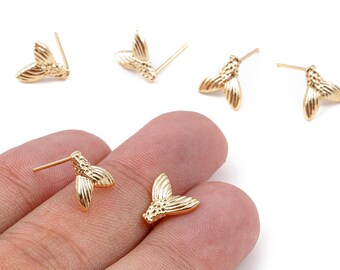 Brass Fish tail Earring Post - 18K Real Gold Plated Brass Fish tail Stud - Jewelry Supplies - 9.8x9.78x1.45mm - RGP1133