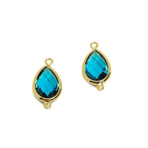 Teardrop Connector - Brass Faceted Glass Earring Charm - Elegant Blue DIY Jewelry Connector - 18K Real Gold Plated - 19x9x4mm - RGP6920F