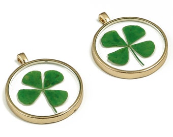 Epoxy Resin Round Real Flower Earring Charms - Epoxy Resin 4 Clover Pendant - Gold Tone Plated Alloy - 34.64x28.98x4.5mm - ZZ1829