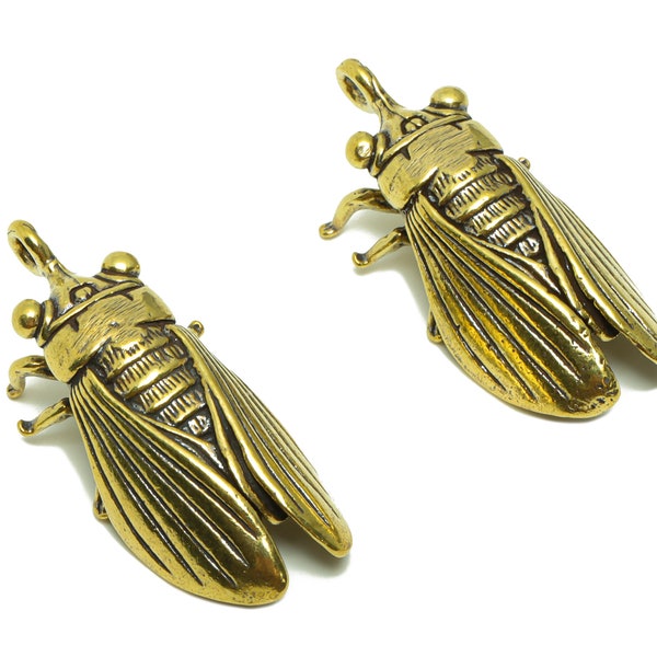 Brass Cicada Charm - Raw Brass Vintage Style Earring Charms - Antique Looking Pendant - Cicada Figure - 37.37x 15.93x 9.67mm - PP8775