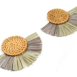 Rattan Raffia Tassel Round Charms - Circle Earrings with Fan Tassels - Handmade Rattan - Woven Earrings - 82.9x60.58x6.72mm - RT1340
