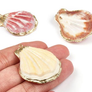 May include: Three seashell pendants with gold-colored trim. One shell is cream-colored, another is white with red stripes, and the third is white with brown edges. These pendants are ideal for jewelry making or craft projects.
