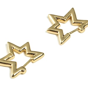 Brass Star Shaped Hoop Stud Earrings - Brass Star Hoops - 18k Real Gold Plated Hoops - Jewelry Making Supplies -18.3x16.27x2.42mm- RGP3256