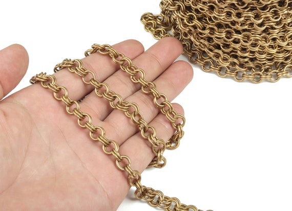 Double Link Cable Chain Raw Brass Textured Round Rolo Chain Large Link  Chunky Chain Braided Oval Cable Chain Double Circle Cable Chain 